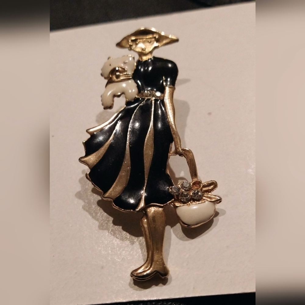 Vintage 80s Deco Revival Lady with Dog Black Enamel Rhinestone Pin Brooch mint